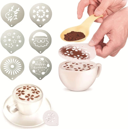 6 ชิ้นสแตนเลสพวงมาลัยแม่พิมพ์กาแฟแฟนซีรูปแบบการพิมพ์กาแฟนมโฟมสเปรย์รูปแบบแม่แบบการจัดส่งแบบสุ่มสไตล์, 6 PCS