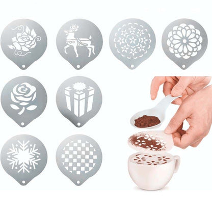 6 ชิ้นสแตนเลสพวงมาลัยแม่พิมพ์กาแฟแฟนซีรูปแบบการพิมพ์กาแฟนมโฟมสเปรย์รูปแบบแม่แบบการจัดส่งแบบสุ่มสไตล์, 6 PCS