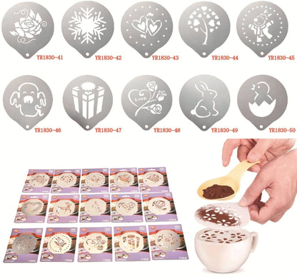 6 ชิ้นสแตนเลสพวงมาลัยแม่พิมพ์กาแฟแฟนซีรูปแบบการพิมพ์กาแฟนมโฟมสเปรย์รูปแบบแม่แบบการจัดส่งแบบสุ่มสไตล์, 6 PCS