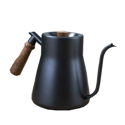 หม้อต้มกาแฟสแตนเลส 304 ด้ามไม้หม้อกาแฟเทฟลอนหม้อเรียวปากยาว, Without Thermometer, With Thermometer