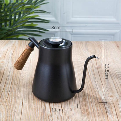 หม้อต้มกาแฟสแตนเลส 304 ด้ามไม้หม้อกาแฟเทฟลอนหม้อเรียวปากยาว, Without Thermometer, With Thermometer