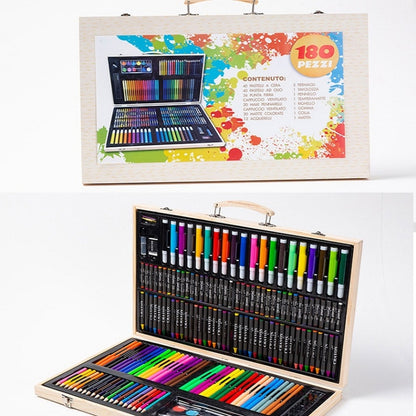 ภาพวาดกล่องไม้ปากกาสีสันสดใสชุดอุปกรณ์ศิลปะโรงเรียนสำหรับเด็ก, 180 in 1
