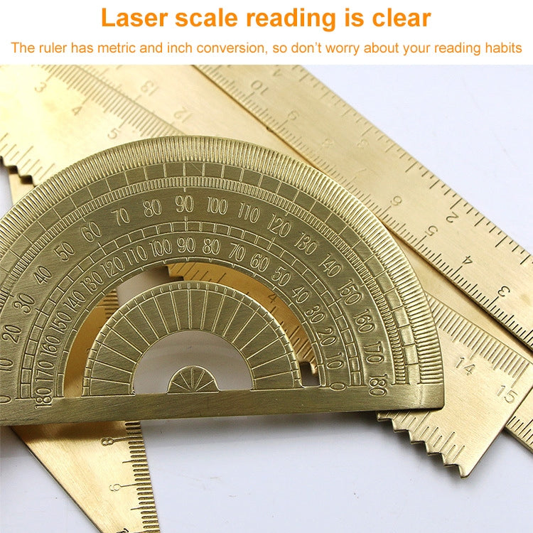 4 ชิ้นทองเหลืองย้อนยุควาดไม้บรรทัดวัดเครื่องมือ, 0-10cm Isosceles Triangle Ruler, 0-10cm Right Angle Triangle Ruler, 0-15cm Wave Ruler, 0-15cm Ruler, 0-18cm Ruler, 0-120mm Caliper Single Scale, 0-180 Degree Protractor, 0-120mm Caliper Double Scale