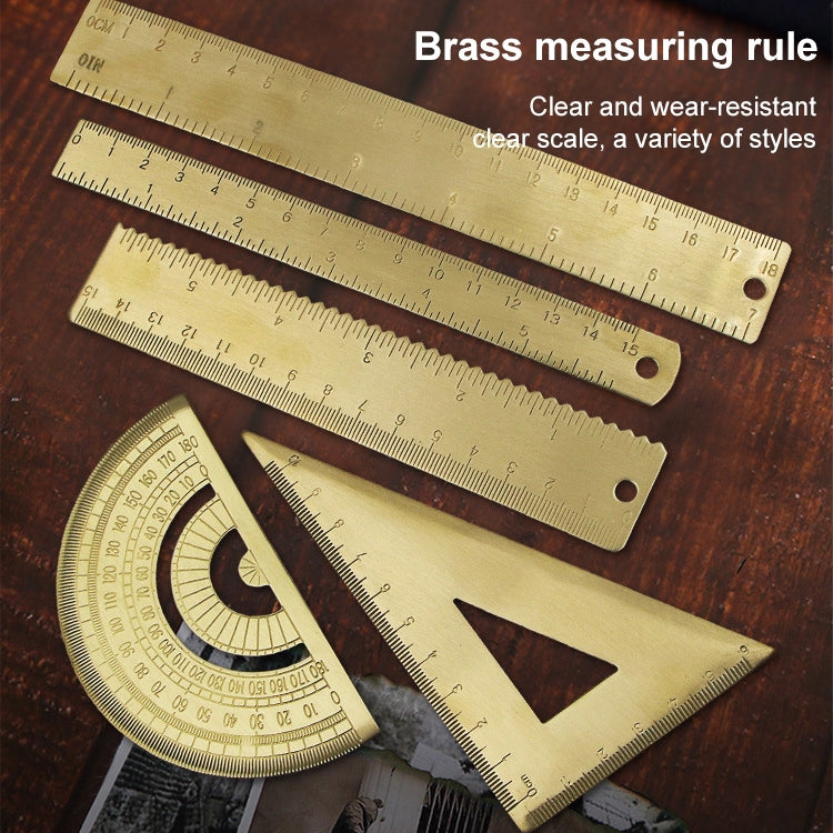 4 ชิ้นทองเหลืองย้อนยุควาดไม้บรรทัดวัดเครื่องมือ, 0-10cm Isosceles Triangle Ruler, 0-10cm Right Angle Triangle Ruler, 0-15cm Wave Ruler, 0-15cm Ruler, 0-18cm Ruler, 0-120mm Caliper Single Scale, 0-180 Degree Protractor, 0-120mm Caliper Double Scale
