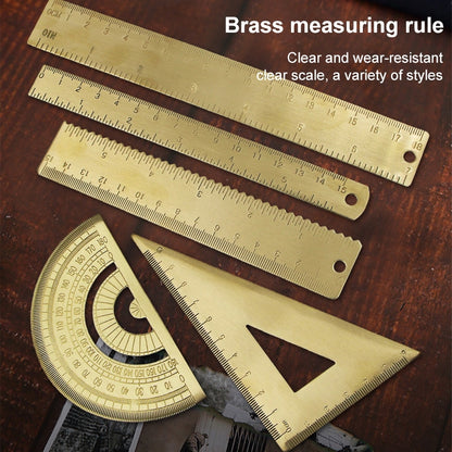 4 ชิ้นทองเหลืองย้อนยุควาดไม้บรรทัดวัดเครื่องมือ, 0-10cm Isosceles Triangle Ruler, 0-10cm Right Angle Triangle Ruler, 0-15cm Wave Ruler, 0-15cm Ruler, 0-18cm Ruler, 0-120mm Caliper Single Scale, 0-180 Degree Protractor, 0-120mm Caliper Double Scale