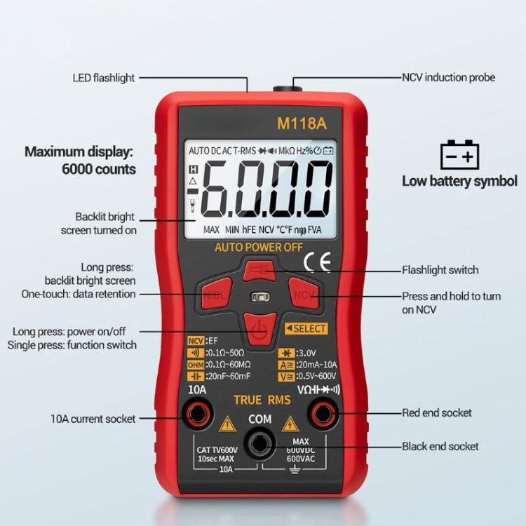ANENG M118A มัลติมิเตอร์แบบช่วงอัตโนมัติความแม่นยำสูง Multi-Function Small Electrician Instrumentation Digital Universal Meter