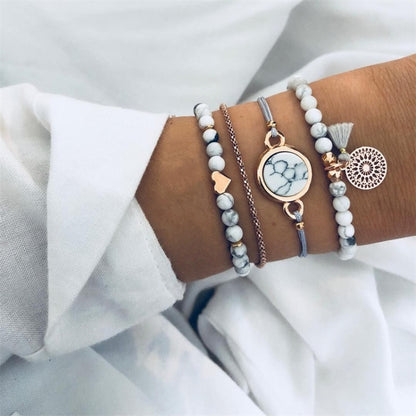 4 ชิ้น/เซ็ต Bohemian Charm สร้อยข้อมือลูกปัดผู้หญิงหัวใจหินอ่อนพู่กำไลข้อมือ