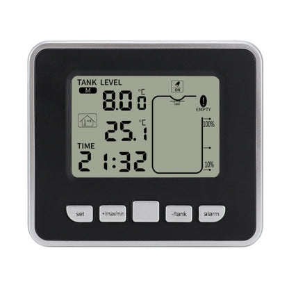 TS-FT002 มัลติฟังก์ชั่นอัลตราโซนิกอิเล็กทรอนิกส์ถังน้ำระดับพร้อมเครื่องวัดอุณหภูมิอุณหภูมิในร่มนาฬิกา แสดงผล เกจวัดระดับน้ำ, TS-FT002