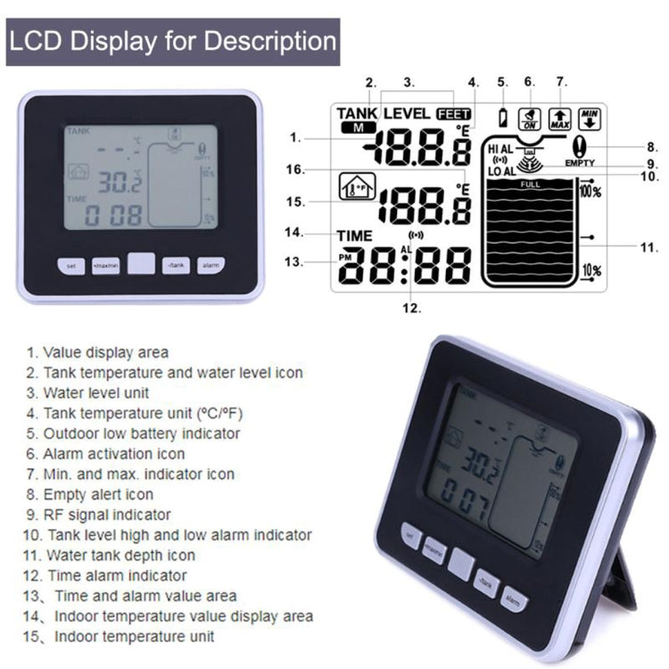 TS-FT002 มัลติฟังก์ชั่นอัลตราโซนิกอิเล็กทรอนิกส์ถังน้ำระดับพร้อมเครื่องวัดอุณหภูมิอุณหภูมิในร่มนาฬิกา แสดงผล เกจวัดระดับน้ำ, TS-FT002