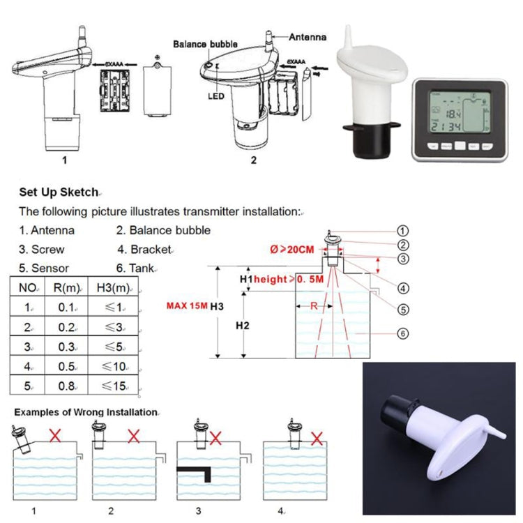TS-FT002 มัลติฟังก์ชั่นอัลตราโซนิกอิเล็กทรอนิกส์ถังน้ำระดับพร้อมเครื่องวัดอุณหภูมิอุณหภูมิในร่มนาฬิกา แสดงผล เกจวัดระดับน้ำ, TS-FT002