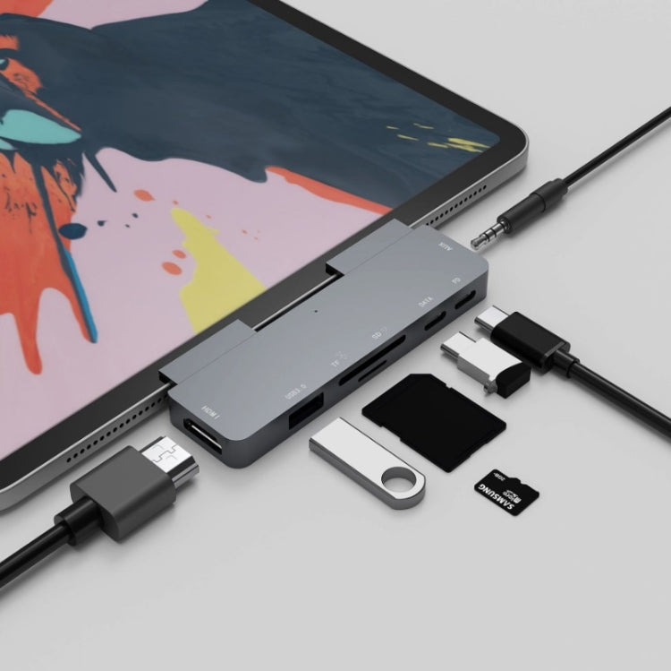 300A 7 in 1 USB3.0x1 + HDMIx1 + PD Portx1 + Type-Cx1 + SD/TF + 3.5 มม.Portx1 มัลติฟังก์ชั่ขยาย HUB Adapter สำหรับ iPad Pro