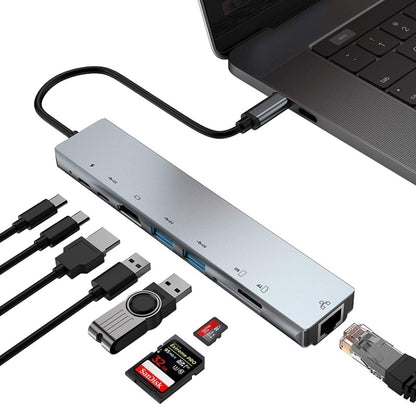 WC7367 8 ใน 1 87W Type-C ถึง PD+USB3.0x2+SD+TF+HDMI+RJ45+Type-c Docking Station HUB, WC7367