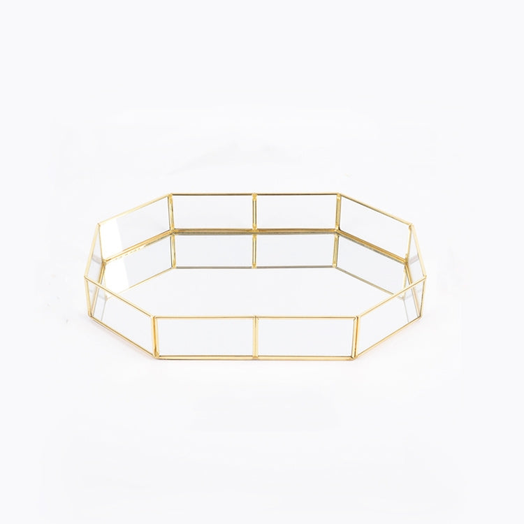 ถาดเก็บแก้ว Golden Retro รูปหลายเหลี่ยมถาดกระจกทองเหลืองเดสก์ท็อปถาดเก็บเครื่องสำอาง, Polygon Small, Octagonal Plate, Beauty Brush Bucket