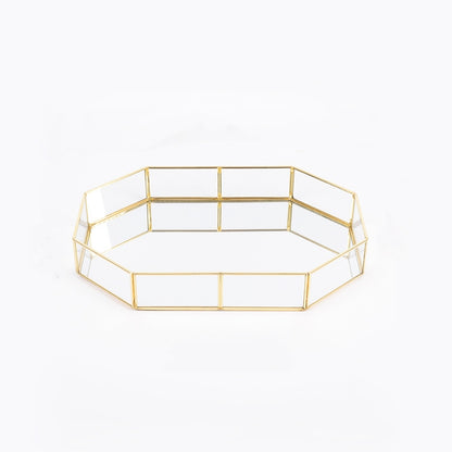 ถาดเก็บแก้ว Golden Retro รูปหลายเหลี่ยมถาดกระจกทองเหลืองเดสก์ท็อปถาดเก็บเครื่องสำอาง, Polygon Small, Octagonal Plate, Beauty Brush Bucket