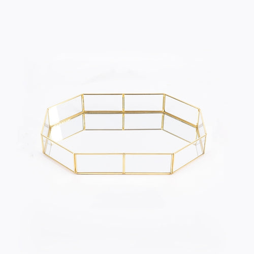ถาดเก็บแก้ว Golden Retro รูปหลายเหลี่ยมถาดกระจกทองเหลืองเดสก์ท็อปถาดเก็บเครื่องสำอาง, Polygon Small, Octagonal Plate, Beauty Brush Bucket