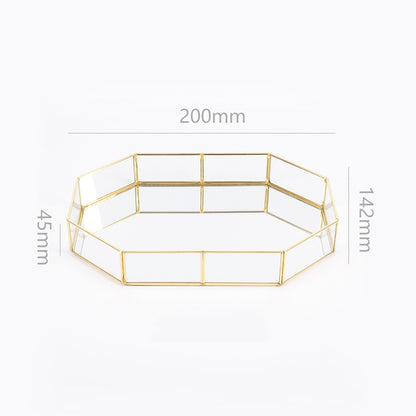 ถาดเก็บแก้ว Golden Retro รูปหลายเหลี่ยมถาดกระจกทองเหลืองเดสก์ท็อปถาดเก็บเครื่องสำอาง, Polygon Small, Octagonal Plate, Beauty Brush Bucket