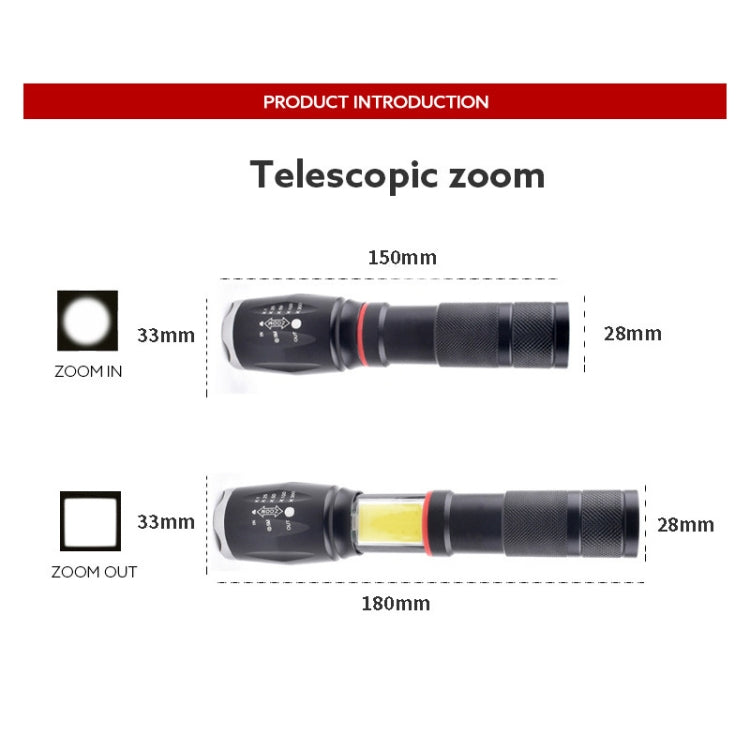 Telescopic Zoom ไฟฉายแสงที่แข็งแกร่ง Strong Magnetic ไฟฉาย LED แบบชาร์จไฟได้, Silver Head (No Battery, No Charger), Black Head (No Battery, No Charger), Silver Head (With Battery, EU Plug Charger), Black Head (With Battery, EU Plug Charger)