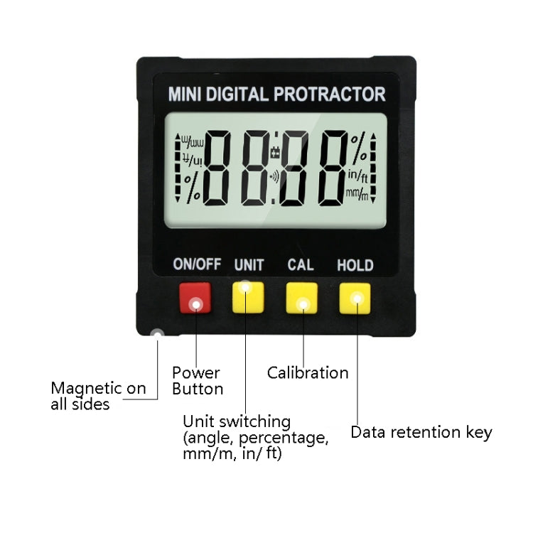 อิเล็กทรอนิกส์ดิจิตอลจอแสดงผล Inclinometer ระดับความลาดชันไม้โปรแทรกเตอร์สี่ด้านแม่เหล็กมุมไม้บรรทัด, Magnetic Angle Ruler