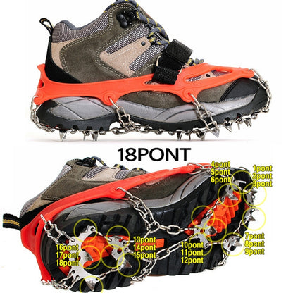 กลางแจ้ง 18 ฟัน 430 สแตนเลส Crampons รองเท้าเดินป่าหิมะ Spikes ผ้าคลุมรองเท้ากันลื่น, ขนาด:, 18-Tooth M (Orange), 18-Tooth L (Black)
