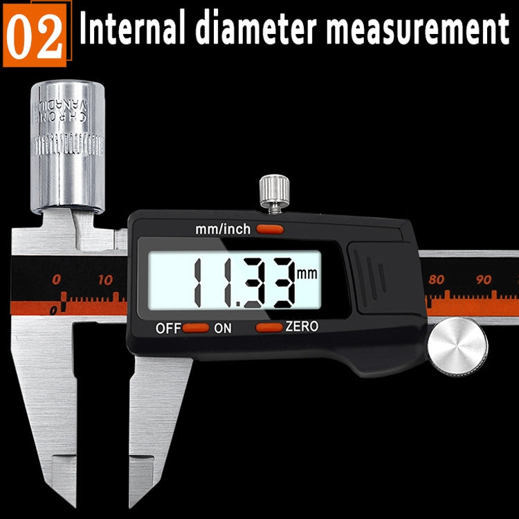 0-150 มม.พลาสติกเมตรสแตนเลสสตีลดิจิตอลอิเล็กทรอนิกส์ความแม่นยำสูง Vernier Caliper, 2 Units of mm/inch, 3 Units of mm/in/f