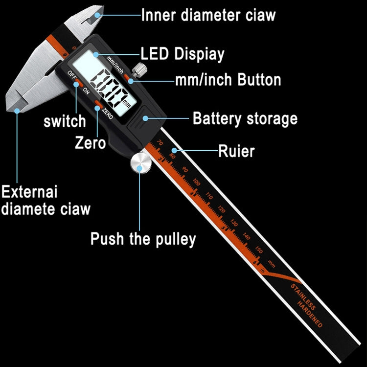 0-150 มม.พลาสติกเมตรสแตนเลสสตีลดิจิตอลอิเล็กทรอนิกส์ความแม่นยำสูง Vernier Caliper, 2 Units of mm/inch, 3 Units of mm/in/f