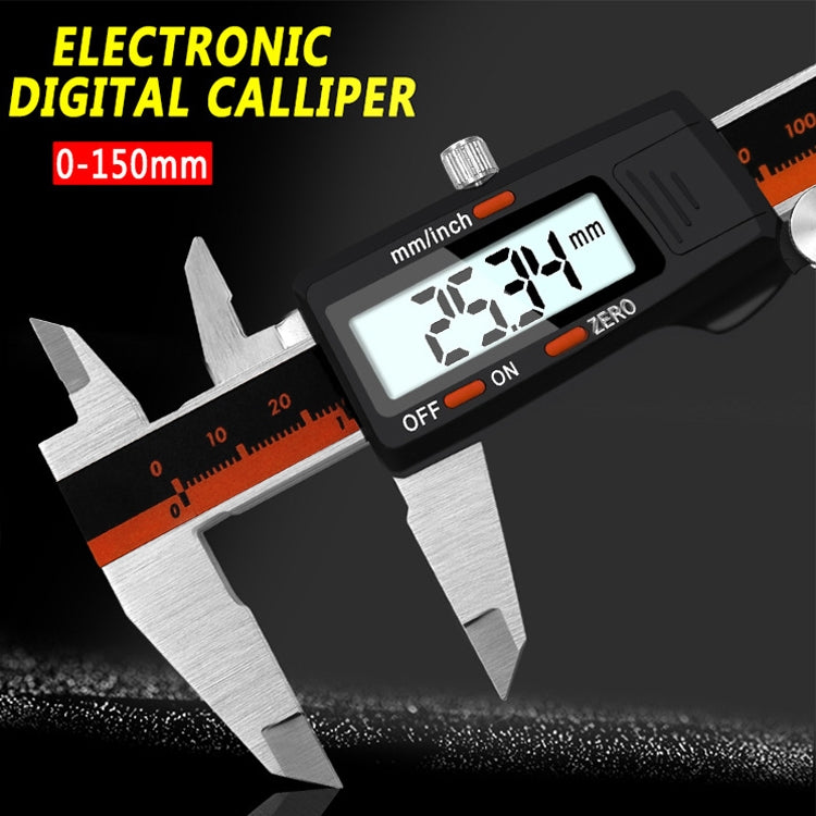 0-150 มม.พลาสติกเมตรสแตนเลสสตีลดิจิตอลอิเล็กทรอนิกส์ความแม่นยำสูง Vernier Caliper, 2 Units of mm/inch, 3 Units of mm/in/f