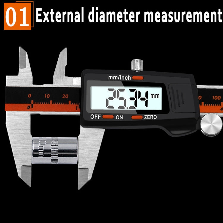 0-150 มม.พลาสติกเมตรสแตนเลสสตีลดิจิตอลอิเล็กทรอนิกส์ความแม่นยำสูง Vernier Caliper, 2 Units of mm/inch, 3 Units of mm/in/f