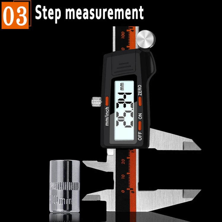 0-150 มม.พลาสติกเมตรสแตนเลสสตีลดิจิตอลอิเล็กทรอนิกส์ความแม่นยำสูง Vernier Caliper, 2 Units of mm/inch, 3 Units of mm/in/f