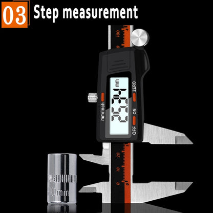 0-150 มม.พลาสติกเมตรสแตนเลสสตีลดิจิตอลอิเล็กทรอนิกส์ความแม่นยำสูง Vernier Caliper, 2 Units of mm/inch, 3 Units of mm/in/f