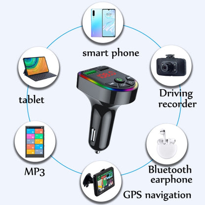 F5 รถเครื่องส่งสัญญาณ FM บลูทูธแฮนด์ฟรีเครื่องเล่นเพลง MP3 แสงบรรยากาศสีสันสดใส, F5