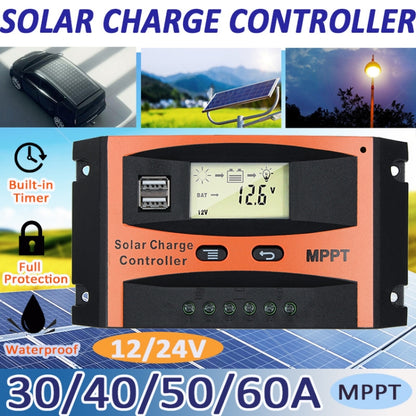 MPPT 12V/24V ระบุอัตโนมัติตัวควบคุมพลังงานแสงอาทิตย์พร้อมเอาต์พุต USB, 30A, 40A, 50A, 60A