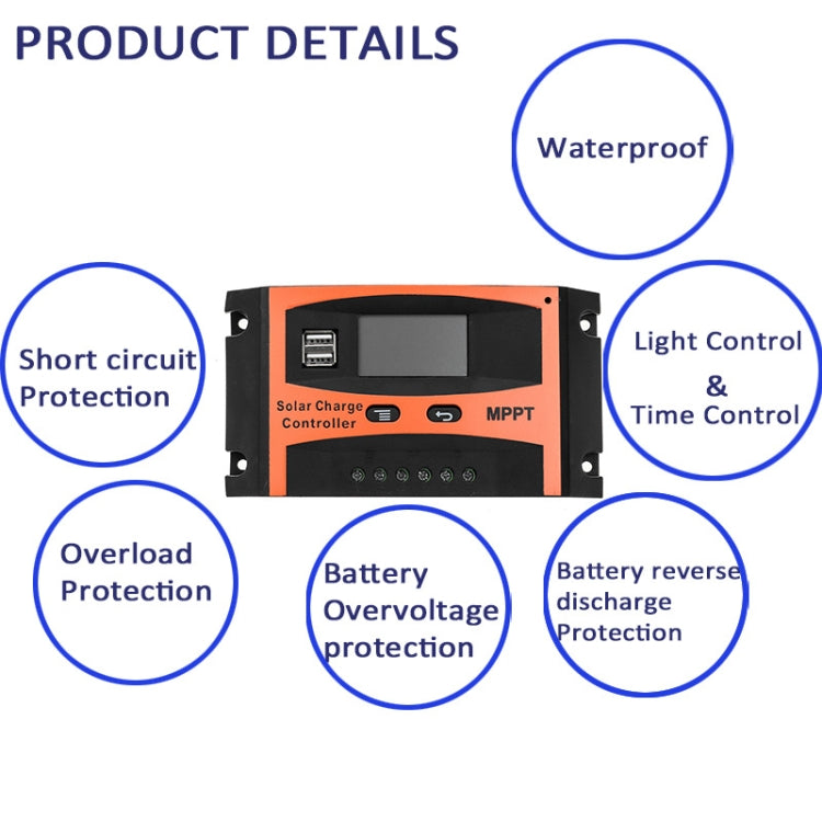 MPPT 12V/24V ระบุอัตโนมัติตัวควบคุมพลังงานแสงอาทิตย์พร้อมเอาต์พุต USB, 30A, 40A, 50A, 60A