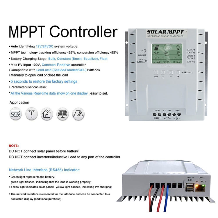 MPPT P60 60A 12V/24V เครื่องควบคุมการประจุพลังงานแสงอาทิตย์แบบระบุอัตโนมัติ
