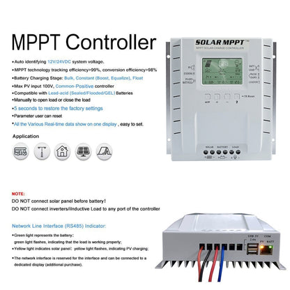 MPPT P60 60A 12V/24V เครื่องควบคุมการประจุพลังงานแสงอาทิตย์แบบระบุอัตโนมัติ