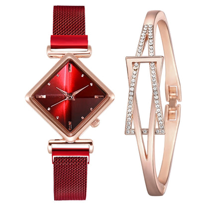 2 ชิ้นสุภาพสตรีเพชรหน้าปัดนาฬิกาควอทซ์, Black, Red + Bracelet