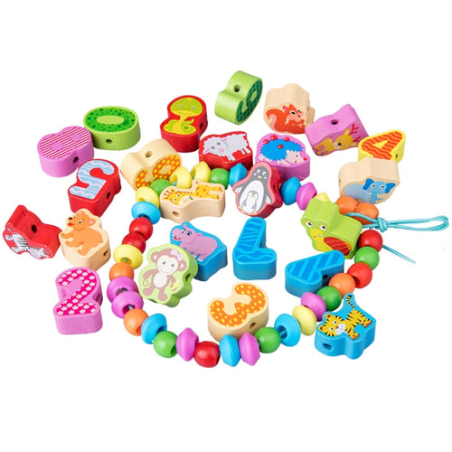 เด็กร้อยเกลียวของเล่นการศึกษาในช่วงต้นลูกปัดไม้ความรู้ความเข้าใจ, 60 PCS / Set Number+Animal