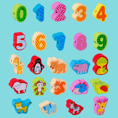 เด็กร้อยเกลียวของเล่นการศึกษาในช่วงต้นลูกปัดไม้ความรู้ความเข้าใจ, 60 PCS / Set Number+Animal