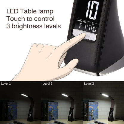 U2 5W โคมไฟตั้งโต๊ะพื้นผิวหนัง LED หรี่แสงได้ 3 ระดับพร้อมจอแสดงผลอุณหภูมิ/นาฬิกา/ปฏิทิน, Black