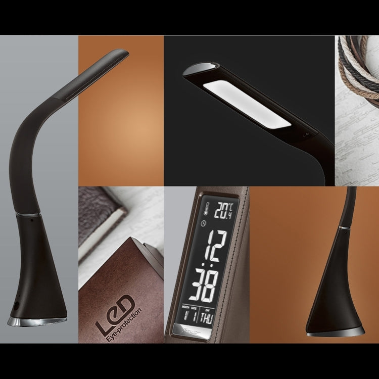 U2 5W โคมไฟตั้งโต๊ะพื้นผิวหนัง LED หรี่แสงได้ 3 ระดับพร้อมจอแสดงผลอุณหภูมิ/นาฬิกา/ปฏิทิน, Black