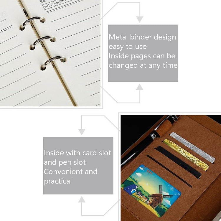 สมุดโน๊ตธุรกิจ 2 ชิ้นหนังเทียม PU Tri-Fold Loose-Leaf Notepad, A5