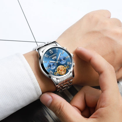 FNGEEN 4001 ผู้ชายนาฬิกาที่ไม่ใช่กลไกนาฬิกาควอทซ์มัลติฟังก์ชั่น, Black Steel White Surface Gold Nails, Brown Leather Gold Black Surface