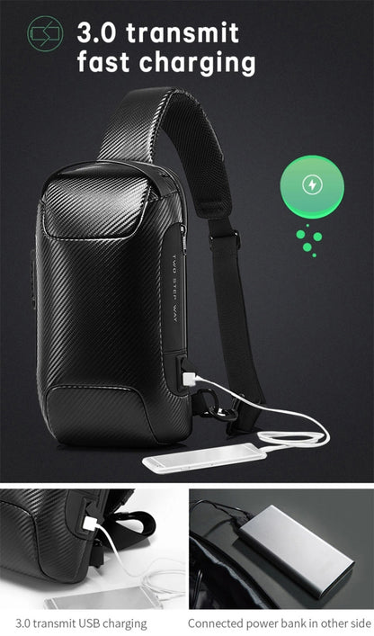 BANGE กระเป๋าคาดหน้าอกแฟชั่นสำหรับผู้ชาย Carbon Brazing Dimensional Waterproof Messenger Bag, BANGE Chest Bag