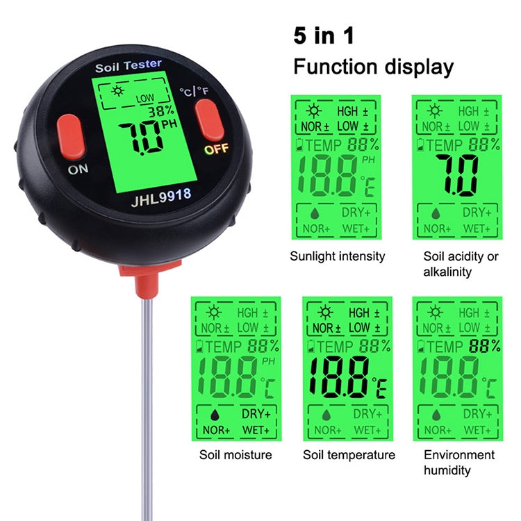 เครื่องวัดดินแบบห้าในหนึ่งเดียว PH เครื่องตรวจจับแสงอุณหภูมิความชื้น PH Photometry เครื่องตรวจจับมัลติฟังก์ชั่น, 5 In 1