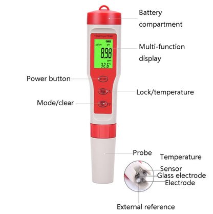 ปากกาทดสอบ PH/TDS/EC/TEMP แบบพกพา 4-in-1 ปากกาทดสอบคุณภาพน้ำแบบมัลติฟังก์ชั่น, 4-in-1 Test Pen