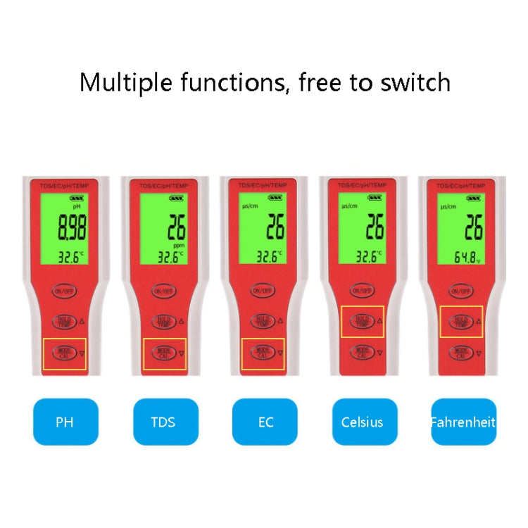 ปากกาทดสอบ PH/TDS/EC/TEMP แบบพกพา 4-in-1 ปากกาทดสอบคุณภาพน้ำแบบมัลติฟังก์ชั่น, 4-in-1 Test Pen