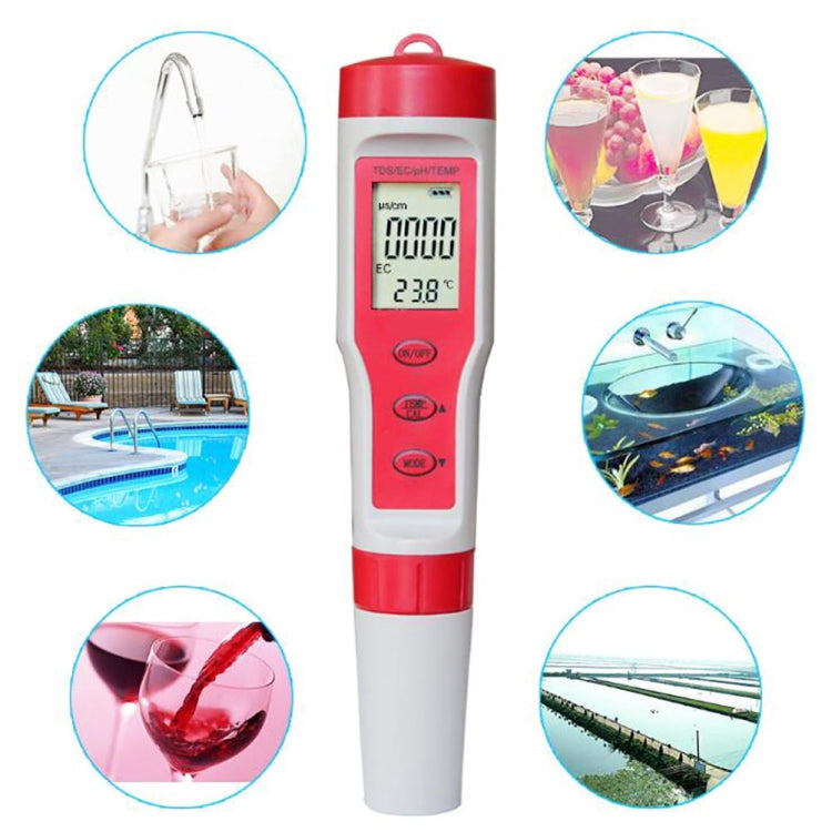 ปากกาทดสอบ PH/TDS/EC/TEMP แบบพกพา 4-in-1 ปากกาทดสอบคุณภาพน้ำแบบมัลติฟังก์ชั่น, 4-in-1 Test Pen