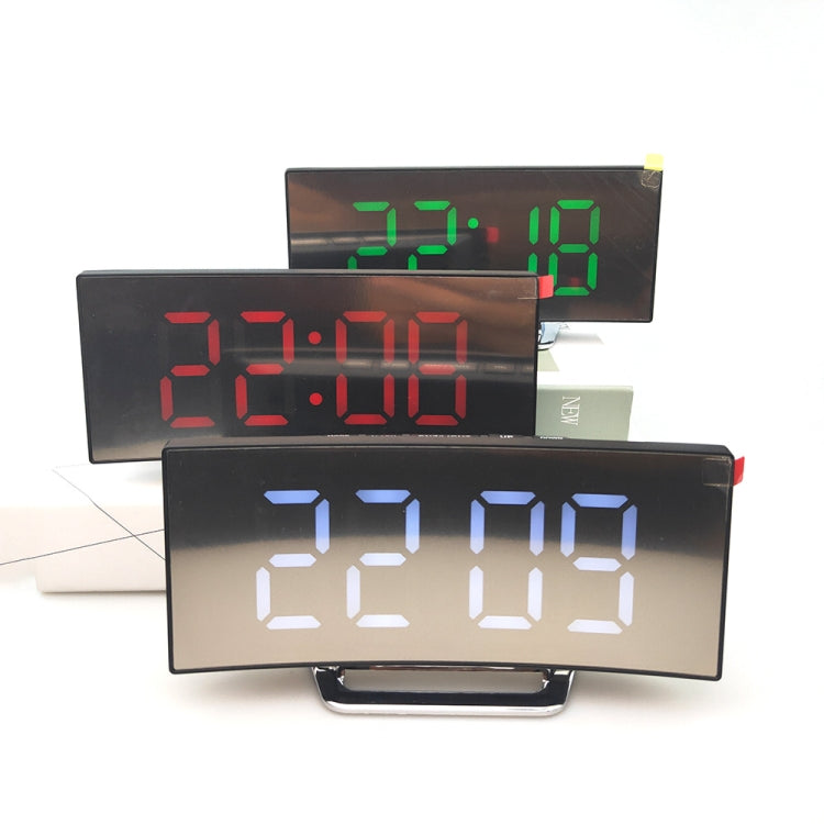 6507 นาฬิกาอิเล็กทรอนิกส์หน้าจอใหญ่โค้ง LED นาฬิกาปลุกปิดเสียงกระจก, White, Red, Green