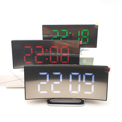 6507 นาฬิกาอิเล็กทรอนิกส์หน้าจอใหญ่โค้ง LED นาฬิกาปลุกปิดเสียงกระจก, White, Red, Green