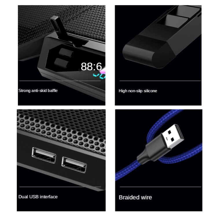 COOLCOLD RGB หม้อน้ำโน้ตบุ๊กพัดลมหกตัวฐานระบายความร้อนแล็ปท็อปแบบปรับได้, 5V Speed  Colorful Version, 5V Touch 12 Symphony Version