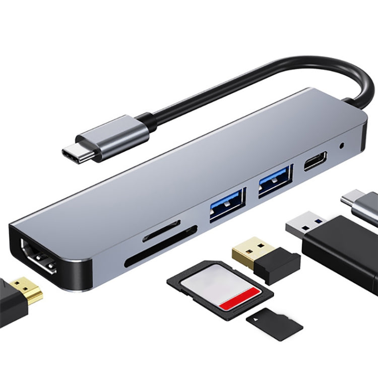 6 In 1 USB-C / Type-C ถึง 4K HDMI + ช่องเสียบการ์ด SD / TF + การชาร์จ PD USB-C / Type-C + 2 พอร์ต USB 3.0 มัลติฟังก์ชั่น HUB Docking Station, 6 In 1